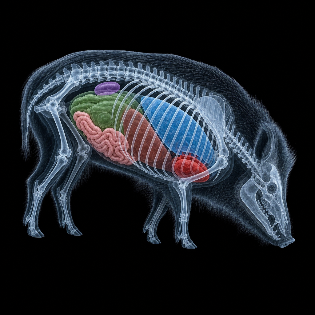 Röntgenansicht eines Wildschweins mit Herz, Lunge und Knochenbau